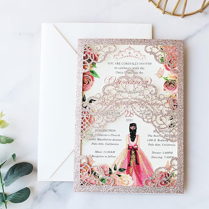 Hosmsua 50PCS Personalized Rose Gold Glitter Quinceanera Invitations Kit 5.1x7.3 Inch Laser Cut Floral Crown Quinceanera Invitation Cards with Envelopes for Birthday Quince Anos Invitation