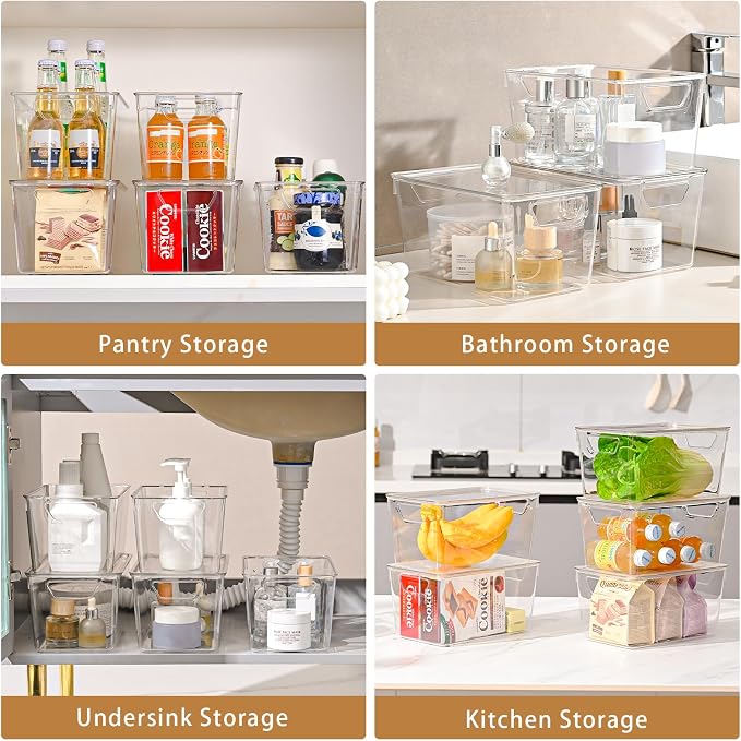 Freebat 12 Pack clear storage bins with lids, Middle pantry organizer bins | stackable Plastic Storage Containers, pantry Organization for Office, Bedroom, cabinet, Fridge,Kitchen Organization