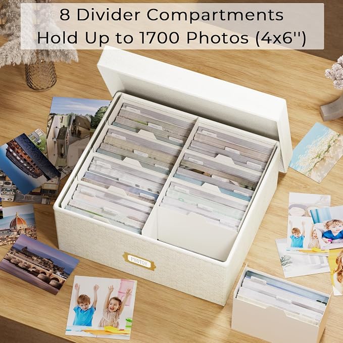 Decorative Photo Storage Box, 2 Pack Linen Photo Box Hold 1700 4x6 Pictures | Photo Storage Containers with 8 Dividers, Memory Keepsake Organizer for Photos, Scrapbook Supplies, Cards, Stamps, Beige
