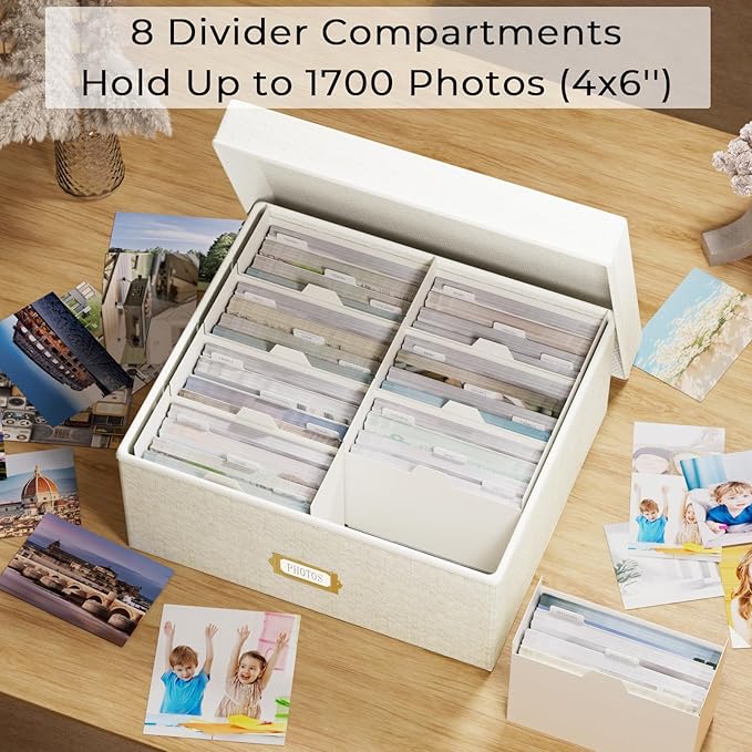 Decorative Photo Storage Box, Linen Photo Box Holds 1700 4x6 Pictures Beige | Photo Storage Containers with 8 Dividers, Memory Keepsake Organizer for Photos, Scrapbook Supplies, Cards, Stamps,Archive Box