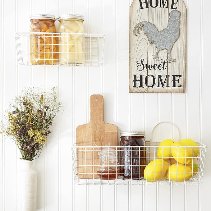 DII Farmhouse Vintage Decor, Wire Wall Basket, Assorted, Antique White, 2 Piece