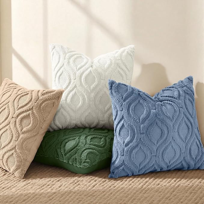decorUhome Throw Pillow Covers 24x24 Inch Set of 2, Soft Plush Faux Wool Blue Solid Couch Pillow Covers, Accent Euro Sham Farmhouse Neutral Square Pillow Cases for Sofa Bed Living Room