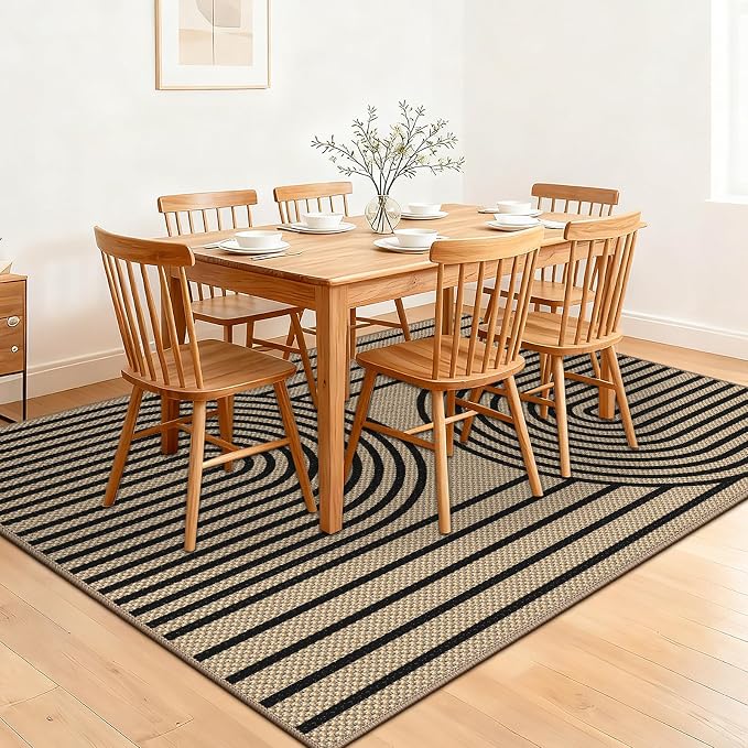 Faux Jute Rug for Living Room, 5' x 7' Area Rug, Black Farmhouse Ultra-Thin Washable Non-Slip Outdoor Rug for Bedroom, Dining Room, Backyard, Home Decor