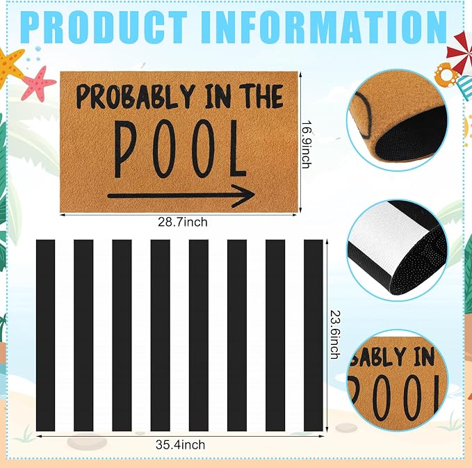 Tinideya 2 Pcs Summer Door Mat Probably in the Pool Welcome Non Slip Coir Mats Floor Layering Black and White Strips Doormats Seasonal for Front Porch Entryway Decor(Pool)