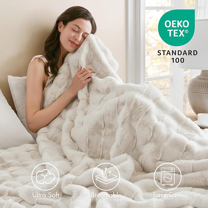 Madison Park Vivienne Faux Fur Throw Blanket Velvet, 50 x 60, Ivory | Cozy Warmth for Sofa or Bed, Reversible, Lightweight, OEKO-TEX Certified