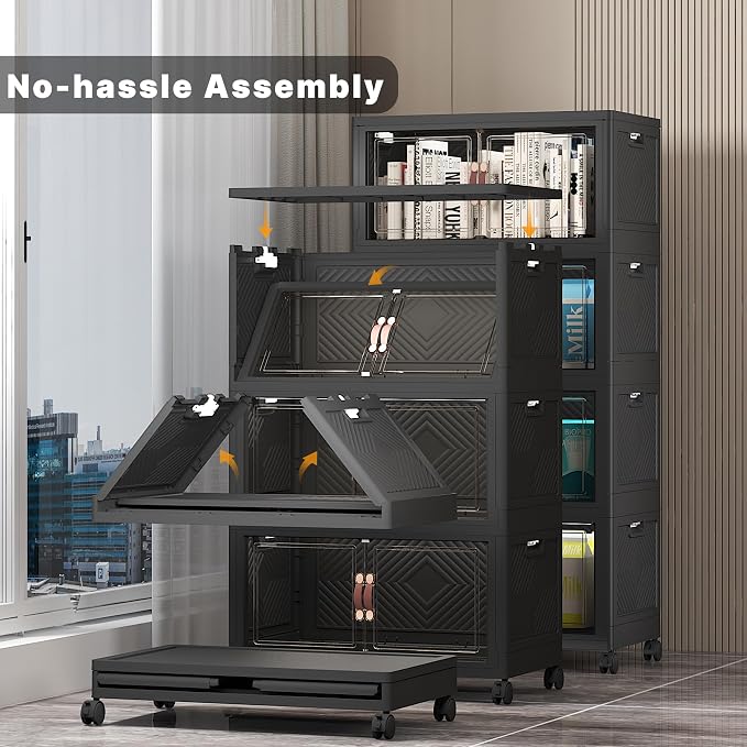 UAMFURI Stackable Storage Bins, 440QT Collapsible Drawers with 2 Lids | Large Capacity, Magnetic Door, Stack Lock, Rolling Wheels, Foldable Design, Organizers and Storage for Bedroom Dorm Garage