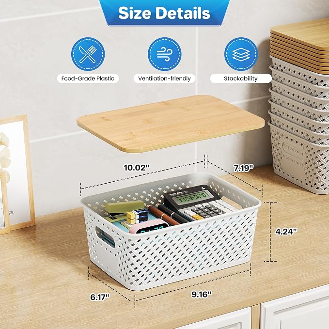 Anysig 8 Pack Plastic Storage Bins with Bamboo Lids, 5.2 QT Stackable Bins | Decorative Small Storage Basket Containers for Organizing Shelves Office Classroom Desktop Closet, Cream White