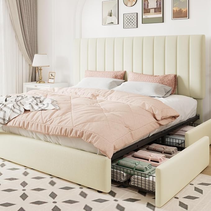 Allewie King Size Storage Bed Frame, Vertical Channel Tufted Adjustable Headboard, Velvet Upholstered Platform Bed with 4 Oversized Underbed Drawers, Wooden Slats Support, No Box Spring Needed, Cream