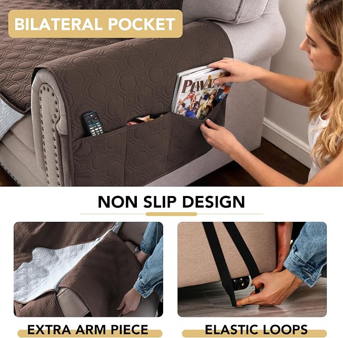 H.VERSAILTEX 100% Waterproof Couch Covers for 3 Cushion Couch Sofa Pet Friendly Thick Soft Sofa Covers Washable Non Slip Furniture Protector with Elastic Straps(Sofa, Brown)