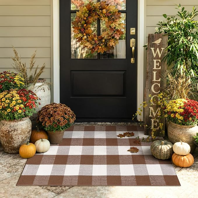 Uphome Bufflo Plaid Outdoor Rug 27.5"x43", Fall Decor Checkered Front Door Mat, Indoor Outdoor Farmhouse Cotton Porch Rug for Layered Door Mats, Washable Brown Area Rugs for Patio Entryway