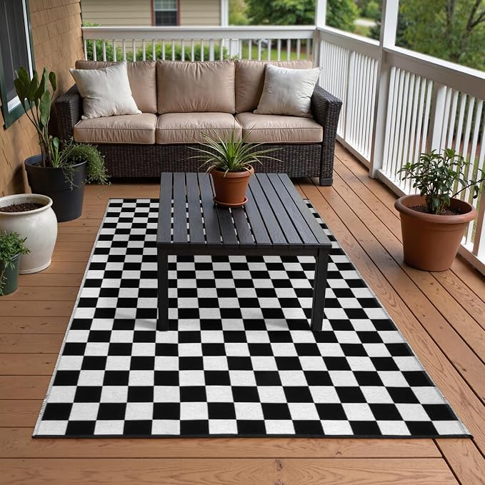 Seavish Black and White Outdoor Checkered Rug, 3x5 Layered Front Door Mat | Cotton Woven Washable Moroccan Checkerboard Rugs, Reversible Floor Mat for Bedroom Entryway Porch Patio Dorm