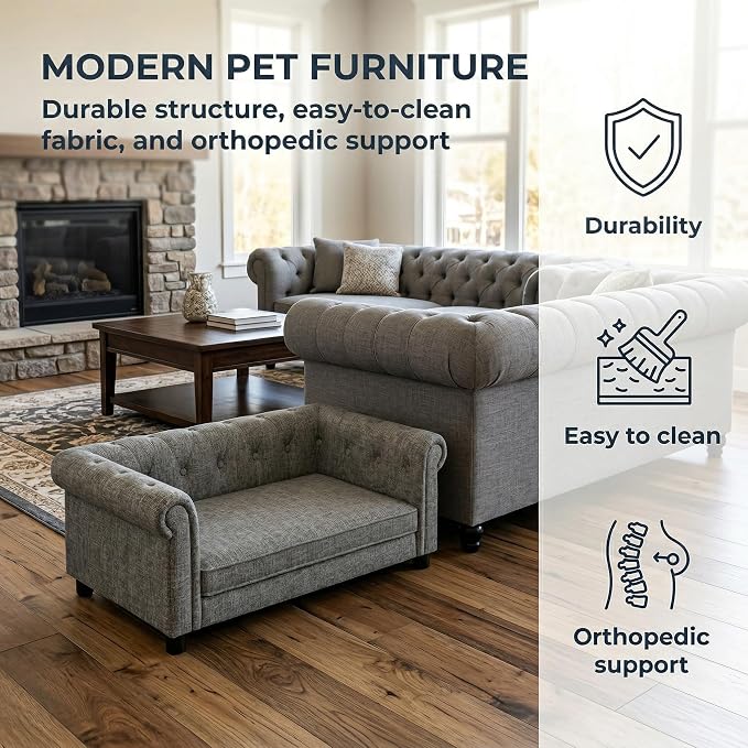 38.9" Upholstery Elevated Dog Sofa with Button‑Tufted Backrest & Rolled Armrests, Pet Couch Bed with Removable Soft Cushion, Comfy Modern Deep Seat Raised Dog Bed for Living Room, Bedroom, Light Grey