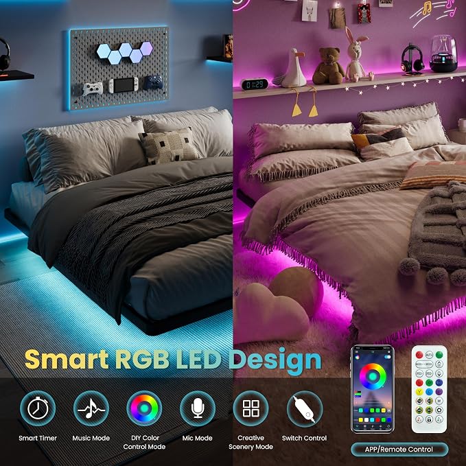 SHA CERLIN King Size Floating Bed Frame with Smart LED Lights, Black | Modern Design Metal Platform Bed with Power Strip, No Box Spring Needed, Noise-Free, Easy Assembly