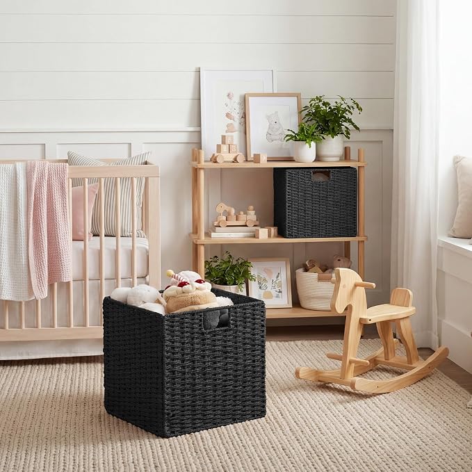 StorageWorks 13 inch Black Wicker Baskets for Storage,Foldable Black Basket | 2-Pack,Handwoven Wicker Storage Baskets for Organizing,Square Storage Cubes,Black Storage Bins,Paper Rope Square Baskets