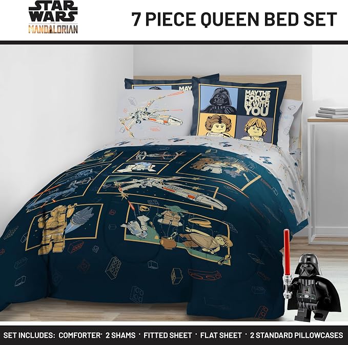 Jay Franco Kids Comforter Set Includes Sheets and Pillow Covers - Soft and Cozy Bed Set for Stylish Room Decor, Official Licensed Bedding, Blue - LEGO®, 7 Piece Queen