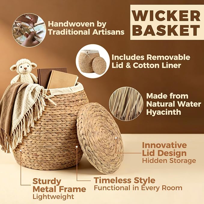 Storage Standard Wicker Basket with Lid Decorative Storage - Large Blanket Basket for Living Room, Plants, Organization, Handwoven Water Hyacinth Material w/Removable Cotton Liner & Tall Round Design