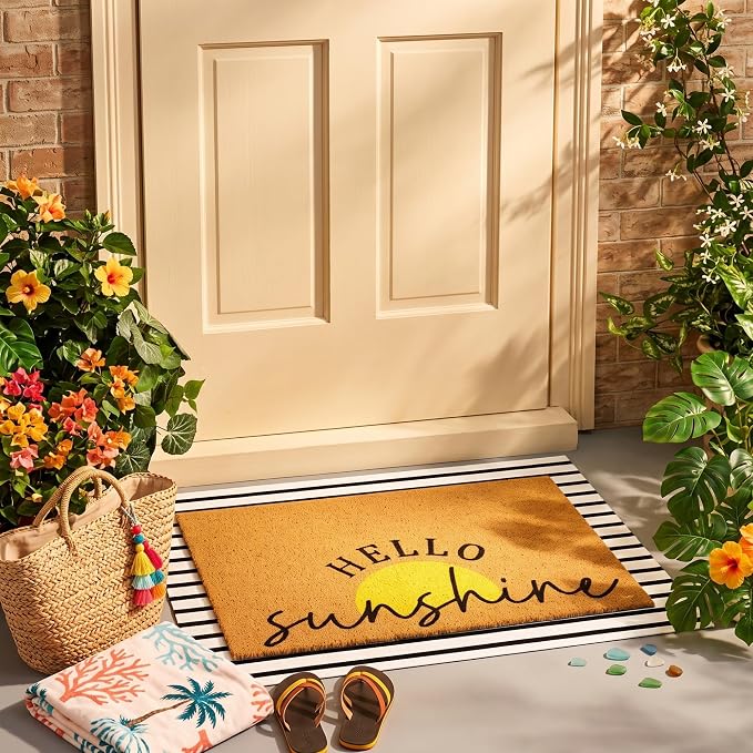 Tinideya 2 Pcs Summer Sunshine Door Mat Yellow Welcome Non Slip Coir Mats Stripe Floor Layering Doormats Seasonal for Front Porch Entryway Decor(Sunshine)