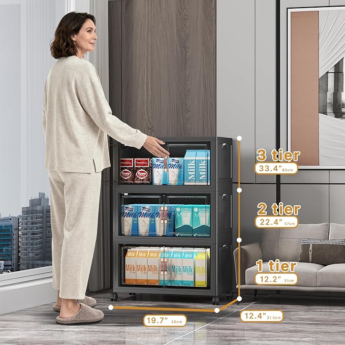 UAMFURI Stackable Storage Bins,165QT Collapsible Drawers with 1 Lid | Large Capacity, Magnetic Door, Stack Lock, Rolling Wheels, Foldable Design, Organizers and Storage for Bedroom Dorm Garagege
