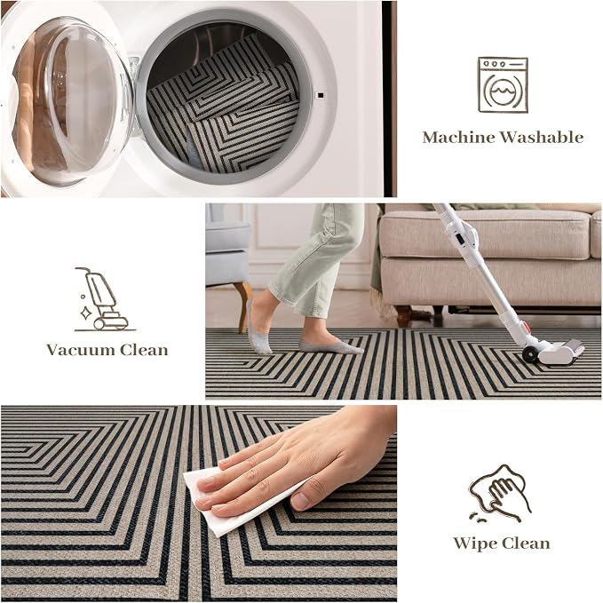 Collive 3x5 Easy Jute Outdoor Entryway Rug, Washable Modern Geometric Indoor Carpet Black Neutral Small Area Rugs, Non Slip Woven Kitchen Mats for Entrance Bedroom Kids Room Patio Decor