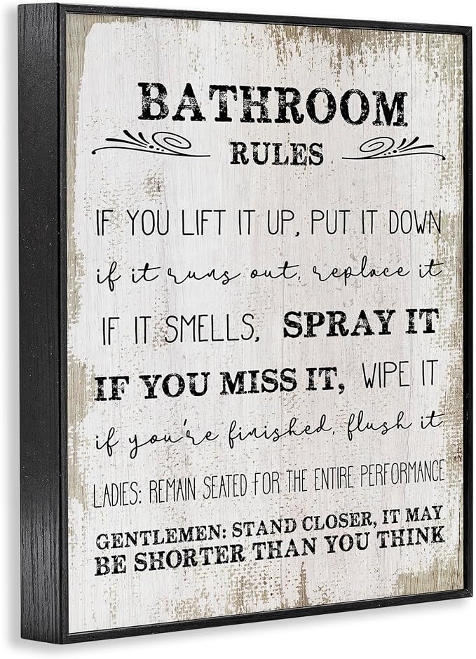 Rustic Bathroom Rules Humor, 16 x 20 Inch Framed Giclée Print