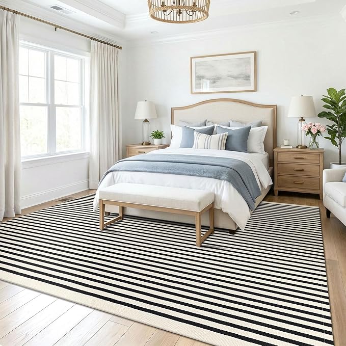 KOZYFLY Beige and Black Rug 8x10 ft Area Rug Woven Washable Striped Cotton Farmhouse Indoor Outdoor Rugs for Living Room Bedroom Porch Patio Dining Room Carpet