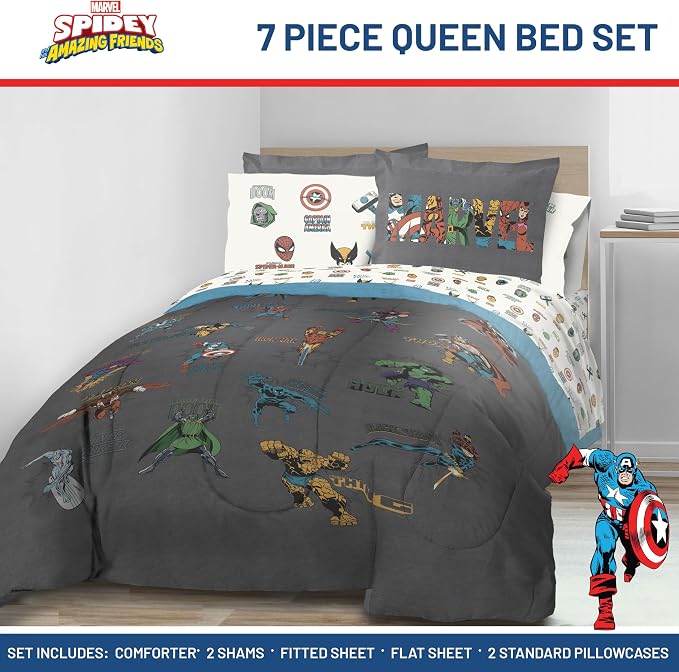 Marvel Comics Avengers Queen Comforter Set 7 Piece Soft Bedding, Gray | Hulk Captain America, Comforter Sheets Shams Pillowcases, Official Product, Microfiber, Machine Washable, Boys Gift
