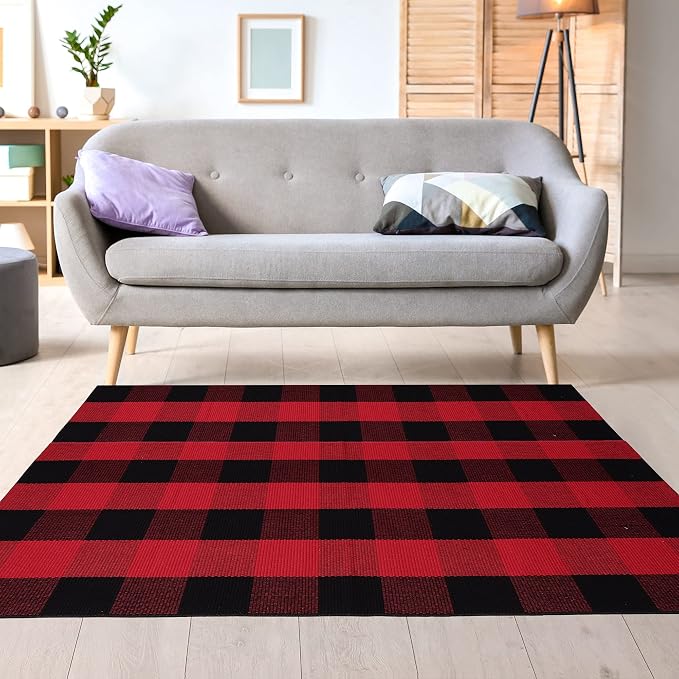 uxcell Buffalo Check Rug,Plaid Outdoor Rug,Layered Door Mat,Cotton Gingham Rugs,Floor Mat for Front Porch/Runner/Bedroom/Kitchen/Farmhouse 59"x35" Red & Black