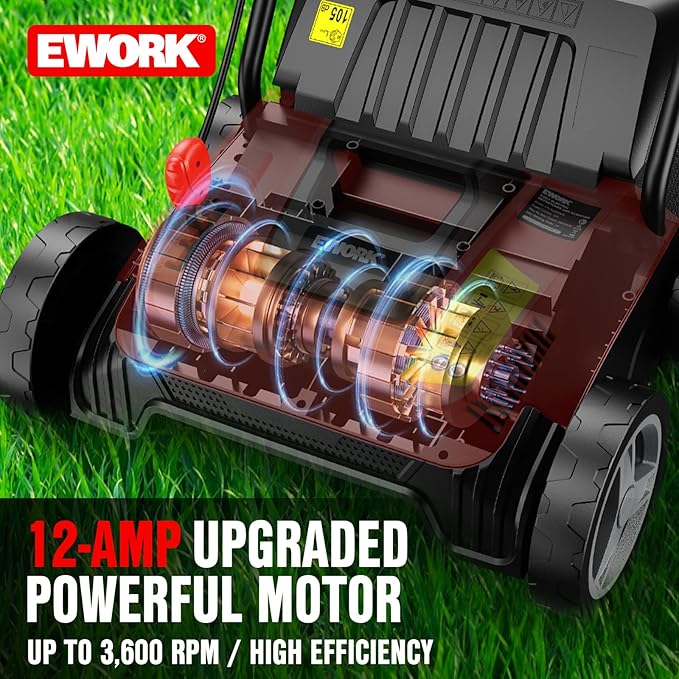 EWORK Electric Dethatcher and Scarifier 14-Inch 12 Amp with Grass Catchers | 2-in-1 Lawn Dethatcher and Aerator with 9.2 Gal Collection Bag, Blade Replacement without Tool, 5-Position Depth Adjustment