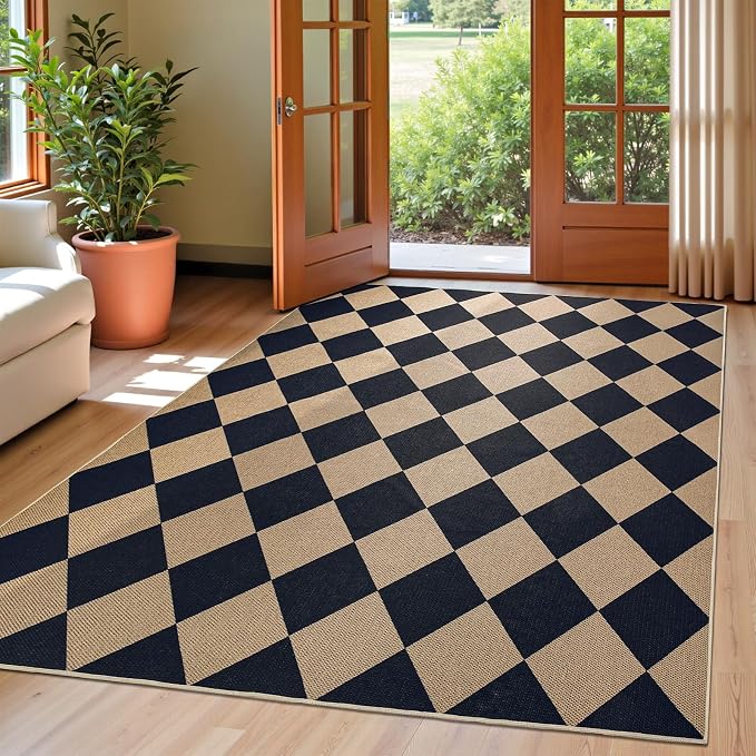 EDIMENS Checkered Easy Jute 5x7 Outdoor Rug Washable Living Room Area Rugs | Black Non Slip Outdoor Patio Rug Diamond Indoor Black Farmhouse Geometric Carpet for Backyard Front Porch Balcony