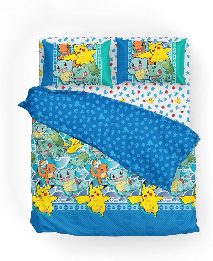 Northwest Pokemon First Starters Full Size Bed in a Bag Set, Pikachu Charmander Squirtle Bulbasaur, Kids Boys Girls Bedding Comforter Sheets