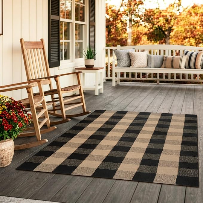 Uphome Bufflo Plaid Outdoor Rug 3'x5', Black Natural Checkered Front Door Mat for Fall Decor, Indoor Outdoor Farmhouse Cotton Porch Rug for Layered Door Mats, Washable Area Rugs for Entryway Kitchen