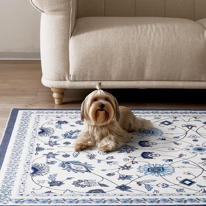 EVERGRACE Area Rugs for Living Room 3x5, Boho Floral Faux Wool Indoor Outdoor Rugs, Washable Rugs for Bedroom Entryway Dining Room Hallyway, Low Pile Floor Mat Carpet for Home Decor, Porcelain Blue