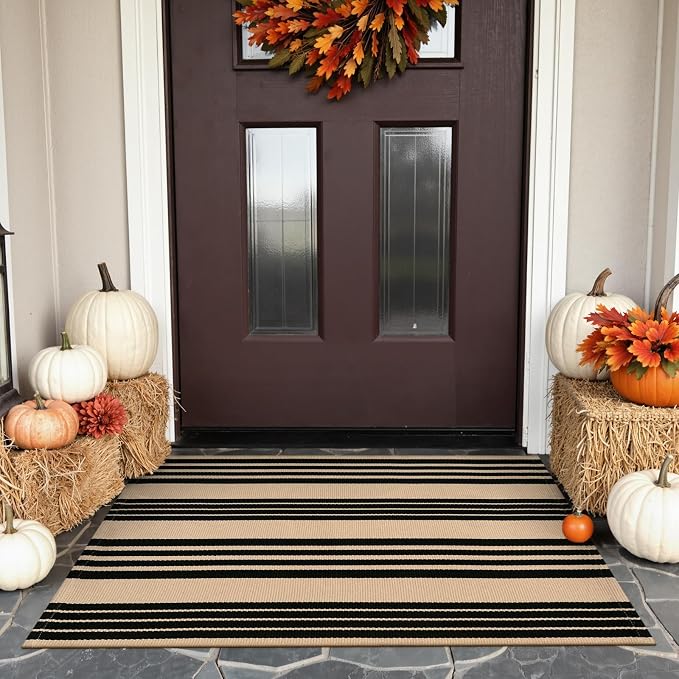 KIMODE Front Door Mats 24"x35", Striped Layered Door Mats Outdoor, Washable Farmhouse Outdoor Porch Fall Decor, Cotton Hand Woven Rugs for Entryway Kitchen Black and Khaki