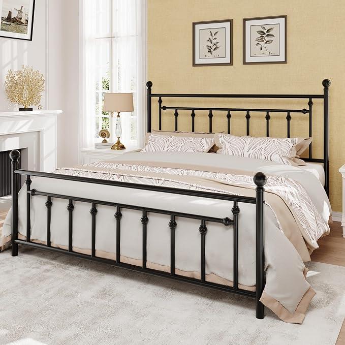 SHA CERLIN 14" King Size Metal Platform Bed Frame/Victorian Headboard and Footboard/Steel Slats Mattress Foundation for Storage/No Box Spring Needed/Noise Free/Black