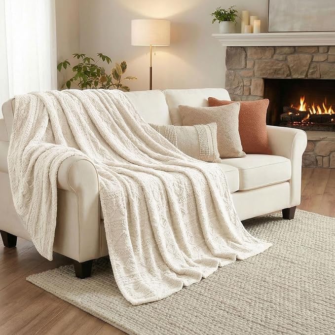 Superior Fleece Boho Jacquard Blanket, Decorative Blankets for Bedroom, Sofa, Fuzzy, Plush, Fluffy, Soft, Cute Room Decor, Beautiful Cover, Comfort Essentials, Arctic Collection, King, Ivory