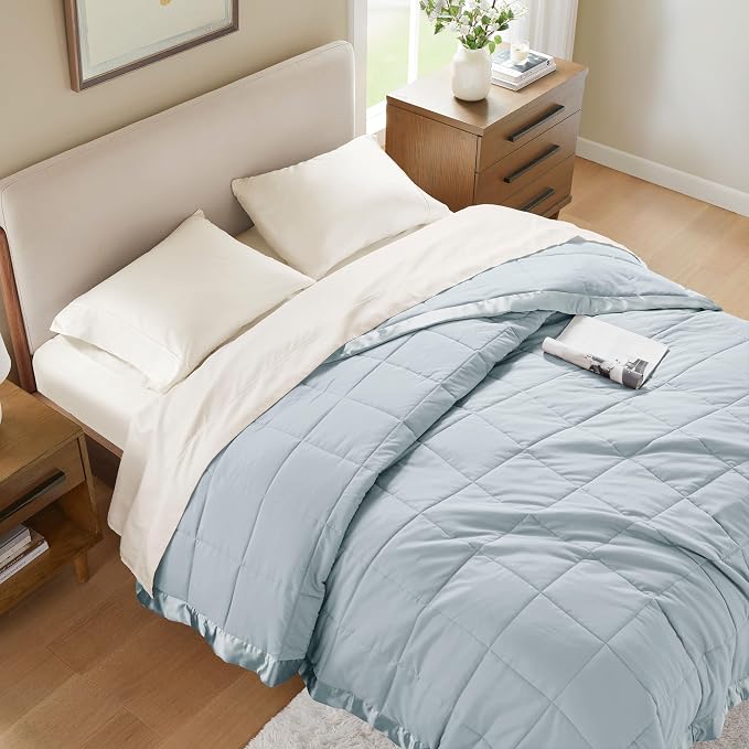 Madison Park Down Alternative Queen Blanket for Bed, Satin Trim, Blue | Lightweight Windom Blanket Full Size Premium 3M Scotchgard Moisture Wicking Treatment, OEKO TEX, Soft Bed Cover, All Season