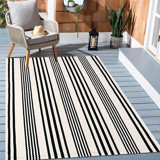 BUAGETUP Black and White Striped Outdoor Patio Rug 4' x 6',Hand Woven Cotton Patio Rug Front Porch Rug Indoor Outdoor Area Rug for Bedroom/Living/Room/Patio