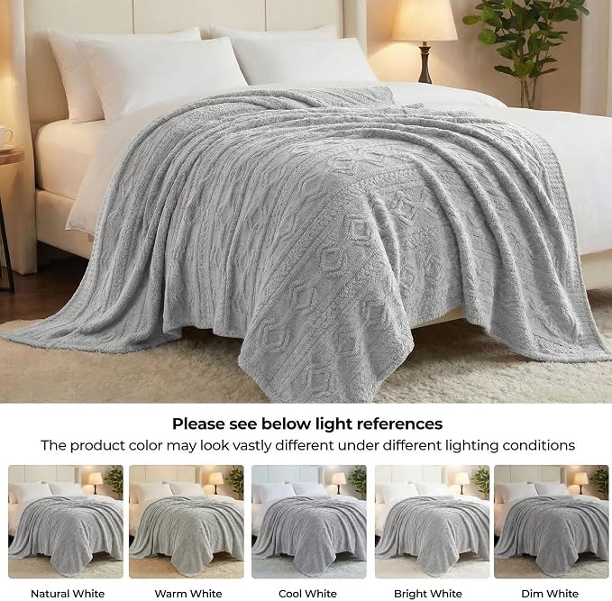 SUPERIOR Fleece Boho Jacquard Blanket, Decorative Blankets for Bedroom, Sofa, Fuzzy, Plush, Fluffy, Soft, Cute Room Decor, Beautiful Cover, Comfort Essentials, Arctic Collection, Throw, Platinum