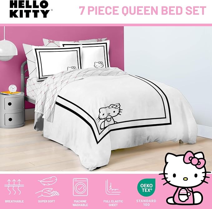 Sanrio Hello Kitty Queen Comforter Set 7 Piece Bedding for Girls, White | Bed in a Bag, Comforter Sheets Shams Pillowcases, Official Product, Soft Microfiber, Machine Washable, Girls Gift