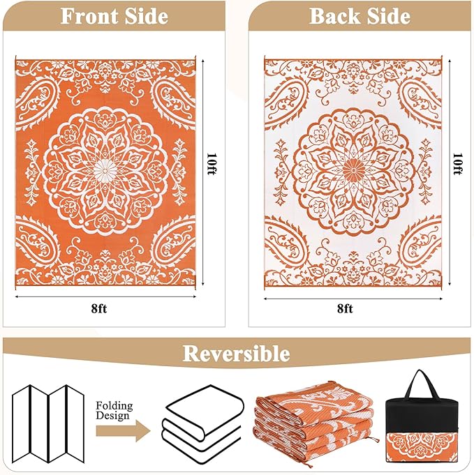 Pauwer Outdoor Rug 8x10, Waterproof Plastic Straw Camping Rug, Boho Orange | Reversible Patio Rug, UV Resistant Indoor Outdoor RV Mat Carpet For Deck, Camper, Porch, Balcony, Backyard, Picnic, Foldable