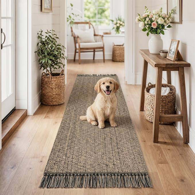 Collive Farmhouse Hallway Runner Rug, 2x6 Hand-Woven Reversible Washable Runners for Kitchen Floor, Natural/Black Cotton Laundry Room Rugs Modern Boho Kitchen Sink Carpet for Bathroom Foyer Bedroom