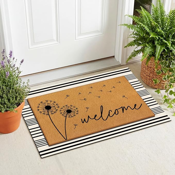 Tinideya 2 Pcs Summer Door Mat Dandelion Welcome Non Slip Spring Coir Mats Floor Layering Doormats Seasonal for Front Porch Entryway Decor(Dandelion)