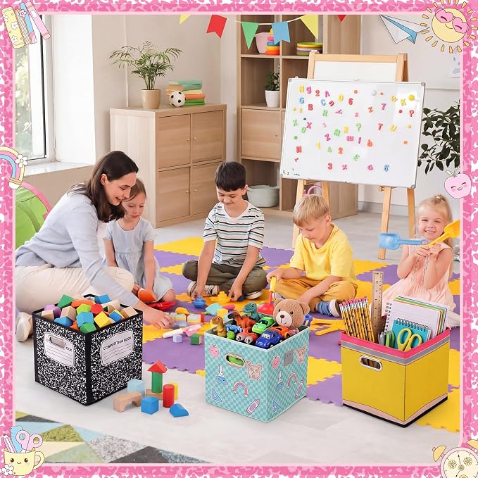 Gerrii 6 Pack 11 Inch Cube Storage Bins for Classroom Foldable Fabric Storage Cube Bins Pencil Composition Notebook Organizing Baskets with Grommet Handles for Back to School Organizer Shelves Decor