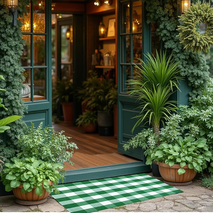 Buffalo Plaid Area Rug, Checkered Rug 3x5 Ft, Green and White Rug, Washable Cotton Mat for Front Porch, Entryway, Kitchen, Living Room, Home Decor
