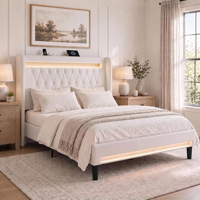 Allewie Full Size Upholstered Bed Frame with LED & Charging Station, White | Customizable LED lights, charging station, tufted wingback headboard, noise-reducing support, and no box spring needed.