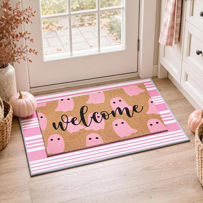 2 Pcs Pink Ghost Halloween Welcome Doormats, 16 x 24 in Welcome Ghost Door Mat and 24 x 32 in Pink White Striped Layering Rug, Cute Fall Porch Decor for Entryway Patio Kitchen Bathroom Floor