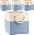 PRANDOM Large Foldable Cube Storage Bins 11x11 inch [4-Pack] Fabric Linen Storage Baskets Cubes Drawer with Cotton Handles Organizer for Shelves Nursery Closet Bedroom Beige/Blue
