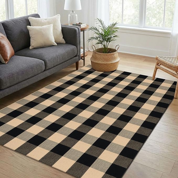KOZYFLY Buffalo Plaid Area Rug 4x6 Ft Checkered Rug Washable Cotton Outdoor Rugs for Bedroom Brown and Black Front Door Mat Carpet for Front Porch Living Room Dining Room Kitchen