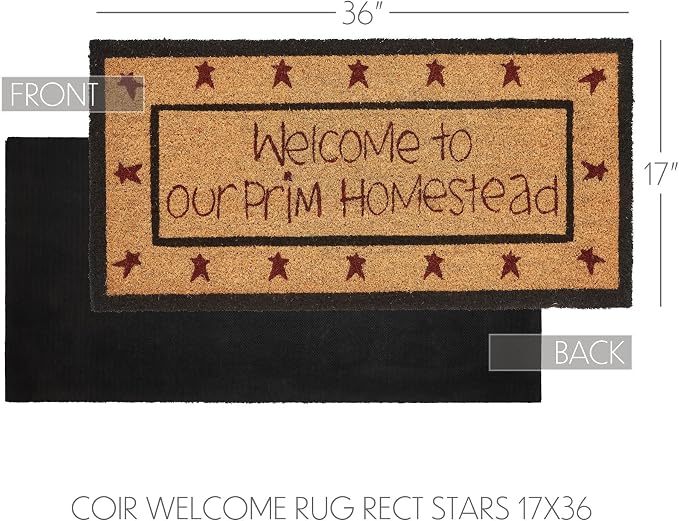 VHC Brands Coir Welcome Door Mat, Entry Rug, with PVC Backing, for Indoor Outdoor Use, Connell Collection, Rectangle 17x36 Doormat, Welcome to Our Prim Homestead, Natural