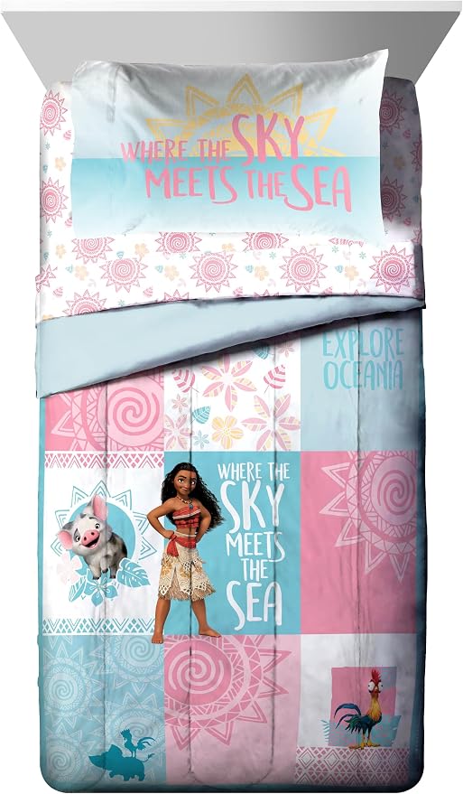 Disney Moana Twin Comforter Set 5 Piece Kids Bedding for Girls, Multi | Bed in a Bag, Comforter Sheets Sham Pillowcase, Official Brand, Soft Microfiber, Machine Washable, Easy Care, Girls Gift